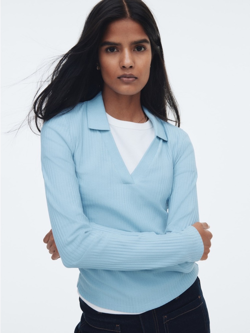 h&m divided ribbed collared long sleeve top baby blue fitted